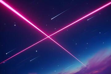 Cosmic encounter two neon pink laser beams cross in starry night sky