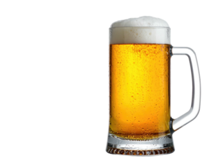 A tall, clear beer mug filled with golden liquid and a foamy head, against black