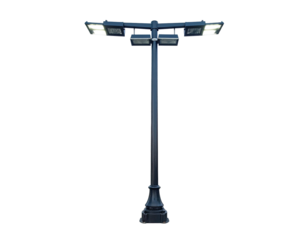 Tall, multi-headed lamp post against a black background, illuminating downwards