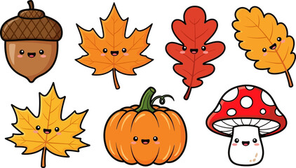 Obraz premium Adorable autumn harvest characters for seasonal designs, cute fall leaves and pumpkin with smiling faces, perfect for Thanksgiving and Halloween themes