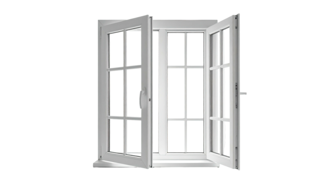 White window frame with multiple panes and two open sashes against a black background - Powered by Adobe