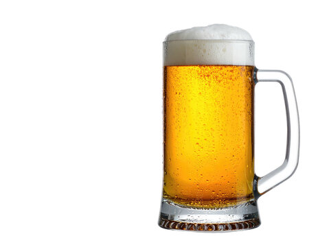 A tall, clear beer mug filled with golden liquid and a foamy head, against black