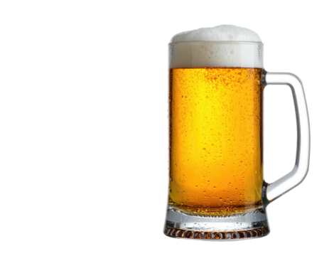 A tall, clear beer mug filled with golden liquid and a foamy head, against black