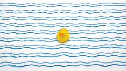Minimal and playful composition featuring a single bright yellow rubber duck floating on stylized blue water waves, creating a clean, modern, and visually striking scene suitable for conceptual or dec