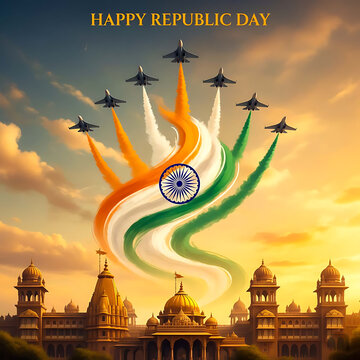 Indian republic day celebration with fighter jets flying in formation above historic buildings