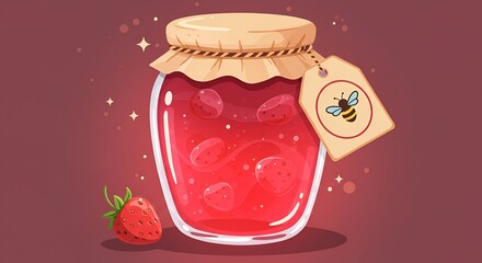 Whimsical illustration featuring a jar of strawberry jam and a charming bee tag, upscaled.