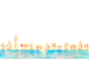 水彩イラストの街並みライン。アルファ背景用切り抜き素材。