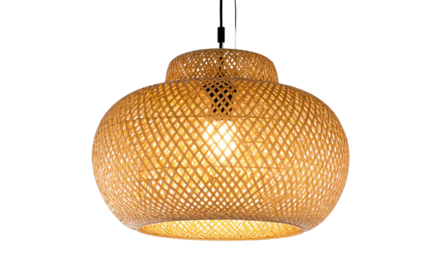 Woven, globe-shaped light fixture hangs, casting warm glow; black background