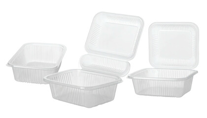 Several open and closed rectangular plastic food containers in a studio shot, white color