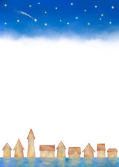 流れ星がきらめく夜空と静かな街並みフレーム：縦長の水彩イラスト背景