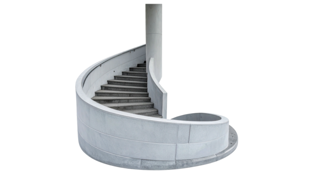 Stone spiral staircase ascends beside a cylindrical column, curved design