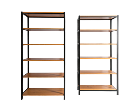 Two side-by-side open-shelved wooden and metal storage units on black background