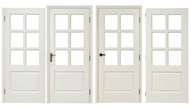 Four white paneled doors, each with eight window panes, standing side by side