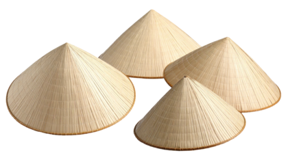 Four beige conical hats crafted from woven natural fibers against a solid black background