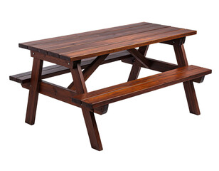 A wooden picnic table, side view, with benches. Stained brown, set against a black background