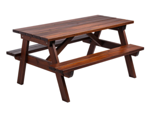 A wooden picnic table, side view, with benches. Stained brown, set against a black background