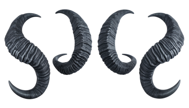 Four curling, textured black horns, presented in a symmetrical arrangement