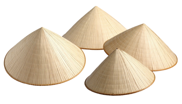 Four beige conical hats crafted from woven natural fibers against a solid black background