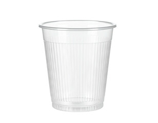 A clear, ribbed plastic cup with a slightly flared rim against a black background