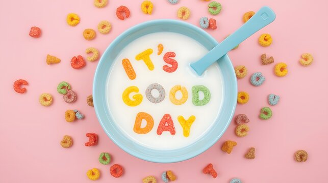 Bright and uplifting breakfast concept featuring colorful alphabet cereal letters arranged in a bowl of milk to spell an inspiring positive message, presented on a vibrant pink backdrop for cheerful v