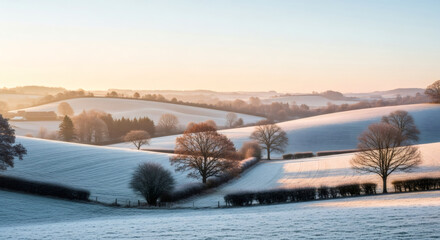 Stunning winter landscape with frosted hills at sunrise, evoking a peaceful rural escape and the beauty of nature's tranquility in the countryside