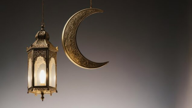 Ornamental hanging lantern next to a crescent moon, with dim light against gray background