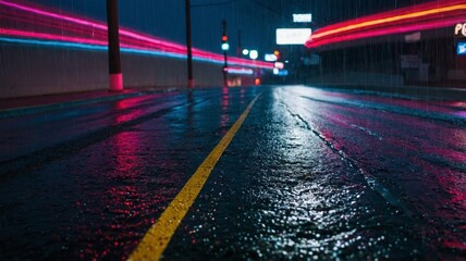 Wet city street at night with neon light streaks rain