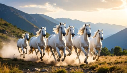 Majestic White Horses Galloping Across Mountain Meadow at Sunset.