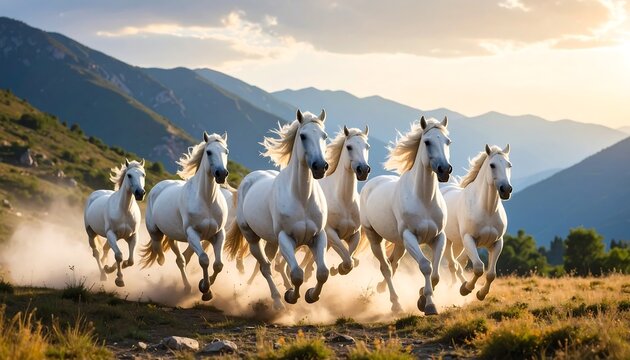 Majestic White Horses Galloping Across Mountain Meadow at Sunset.