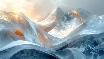 Dynamic, flowing abstract art depicts a captivating landscape with translucent, crystalline structures.