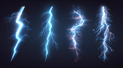 Cartoon lightning. Thunder bolt blue strikes, glowing electric hit effect, comic thunderbolt, Magic power game elements. Lightnings shining flash isolated on dark. Vector set Stock Vector