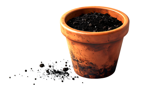 Empty Terracotta Pot with Rich Planting Soil Isolated on Black Background - Ideal for Gardening, New Beginnings, Growth & Cultivation Concepts