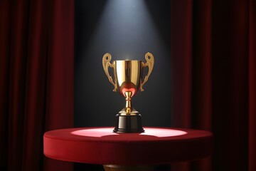 Golden trophy illuminated on a red pedestal with stage curtains