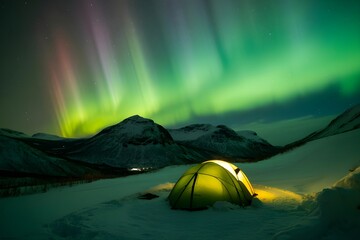 Tent under the aurora borealis in a snowy landscape