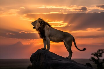 Majestic lion roars at sunset on african savanna rock formation
