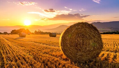 Golden sunset over a field with hay bales and distant mountains