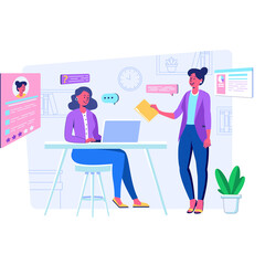 Two women in a modern office collaborating on a project with laptops and documents in a bright workspace with purple and blue accents and plant detail