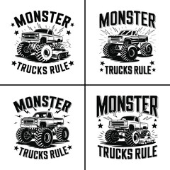 Obraz premium Monster truck illustration crushing car, bold offroad vehicle graphic with typography, retro motorsport t shirt design