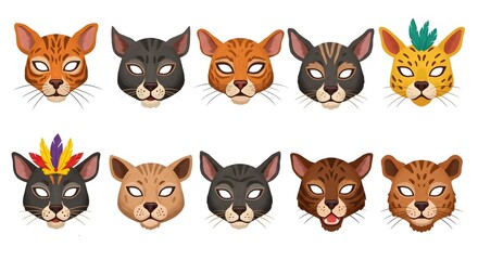 Animal mask set. Photo booth props of beasts face masks, wild and domestic animals head for party masquerade, carnival birthday or halloween colorful accessories cartoon vector collection