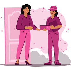 Two women dressed in pink interacting in front of a pink door with small sparkling elements in the background the scene is stylized with a pixel art aesthetic and has a transparent background