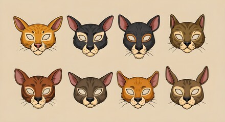 Animal mask set. Photo booth props of beasts face masks, wild and domestic animals head for party masquerade, carnival birthday or halloween colorful accessories cartoon vector collection