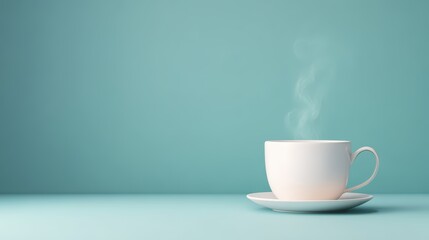 Obraz premium A steaming white cup of coffee or tea on a minimalistic, pastel blue background, creating a calming and inviting atmosphere.