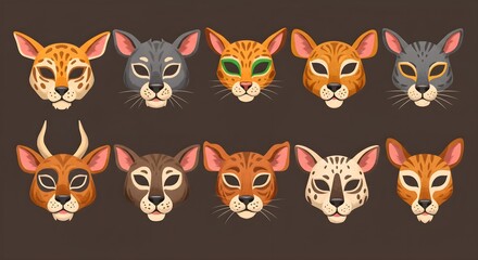 Fototapeta premium Animal mask set. Photo booth props of beasts face masks, wild and domestic animals head for party masquerade, carnival birthday or halloween colorful accessories cartoon vector collection