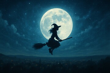 ハロウィン画像　ほうきに乗った魔女のシルエット　Halloween image: Silhouette of a witch riding a broom
