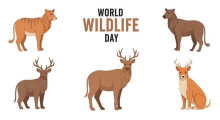 World Wildlife Day graphic featuring various wild animals including deer and a thylacine illustration on a white background.