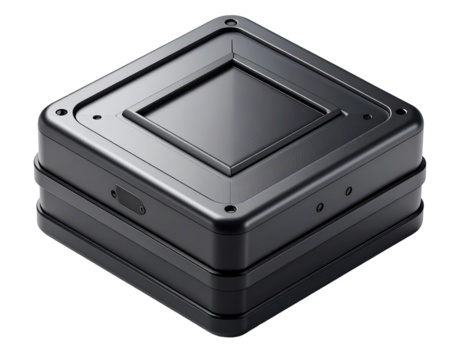 Sleek Black Industrial Tech Box Isolated on Black | Modern Futuristic Container for Data, AI, Security, & Servers | High-Tech Storage Device Concept