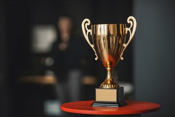 Golden trophy on a red surface with blurred background