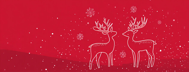 Festive Christmas reindeer on simple red background with white snowflake
