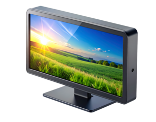 Sleek Modern Monitor/TV with Vibrant Nature Landscape & Golden Sunset Display, High-Resolution Screen for Digital Media, Entertainment, and Technology Concepts, Isolated on Black.