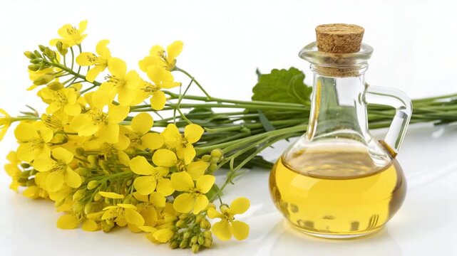 mustard oil and flowers in a white background video